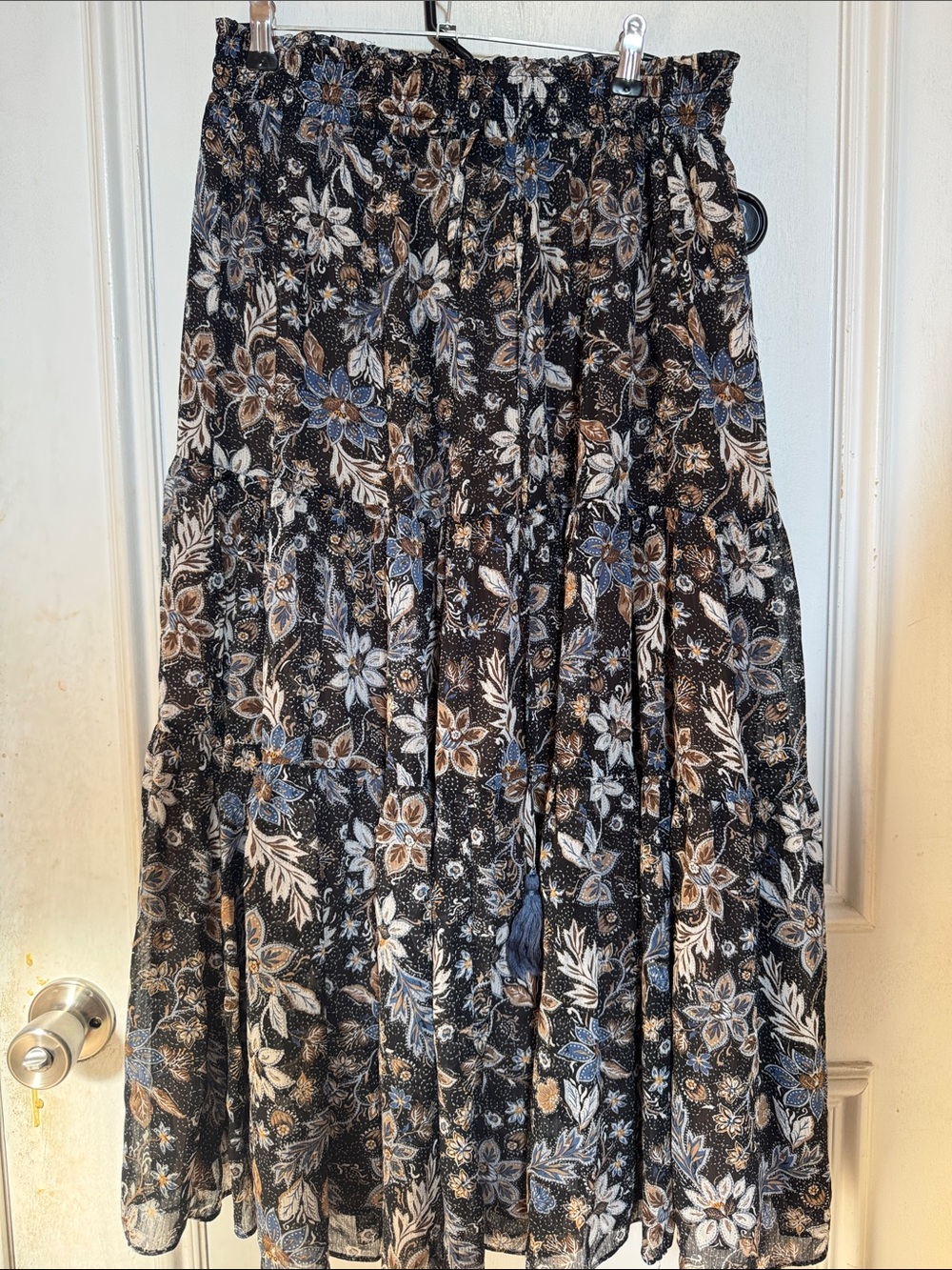 Boho Floral Tiered Maxi Skirt - Blue, Brown & White